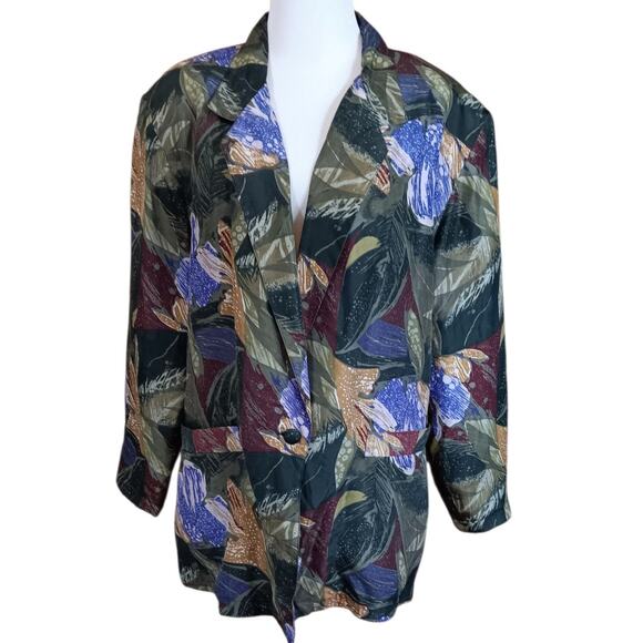VINTAGE 80s 90s‎ Floral Silk Jacket Blazer M Artsy Tropical Career Office Work - Picture 1 of 13